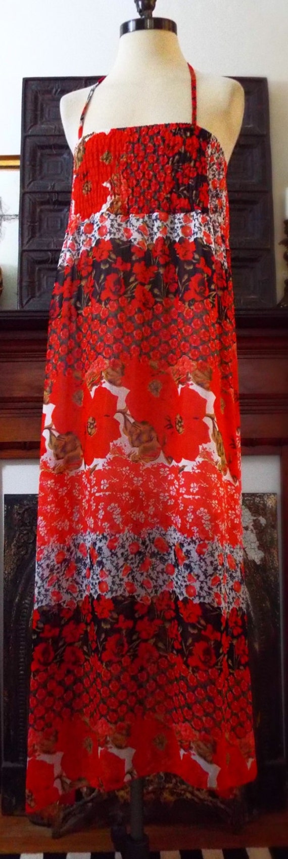 Vintage Sleeveless Red Floral Print Dress - image 1