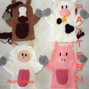 May include: Four crocheted animal hand puppets: a brown horse, a white cow, a white sheep, and a pink pig. Each puppet has a unique face and features, and they are all ready for a puppet show.