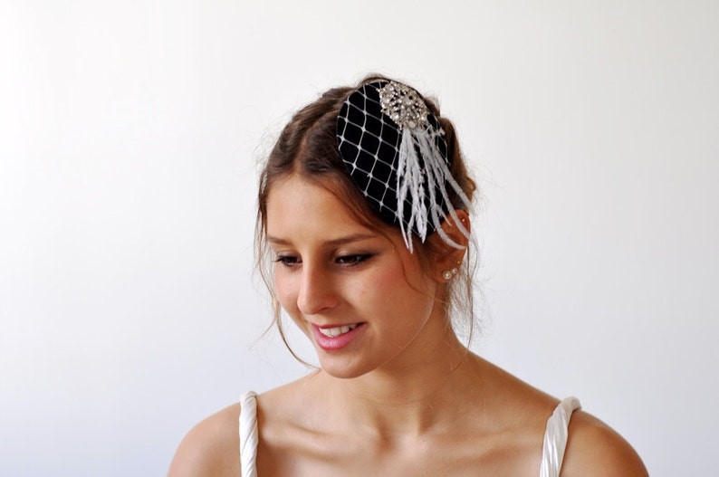 Black Teardrop Wedding Hat birdcage veil fascinator Bridal Hat Birdcage veiling feather hat fascinator rhinestone Embellishment wedding