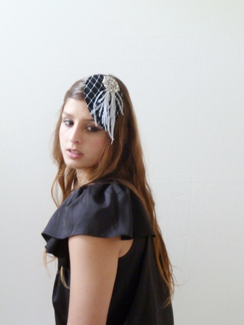 Black Teardrop Wedding Hat birdcage veil fascinator Bridal Hat Birdcage veiling feather hat fascinator rhinestone Embellishment wedding