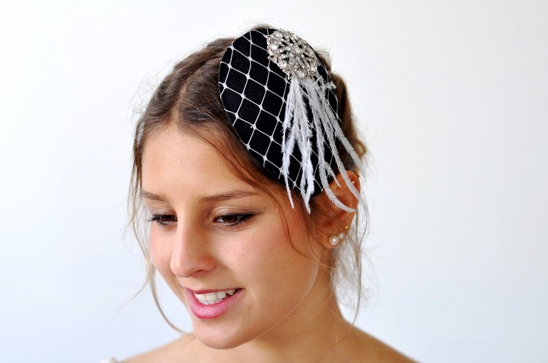 Black Teardrop Wedding Hat birdcage veil fascinator Bridal Hat Birdcage veiling feather hat fascinator rhinestone Embellishment wedding