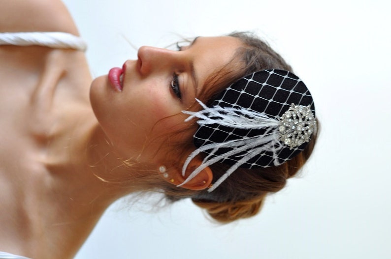 Black Teardrop Wedding Hat birdcage veil fascinator Bridal Hat Birdcage veiling feather hat fascinator rhinestone Embellishment wedding