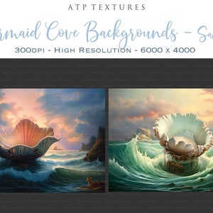 Digital Background for Photographers. Printable, in high resolution, This AI created digital backdrop is resized and edited for you. Gorgeous seaside scene with mermaid shell. In full colour and old masters painting style.