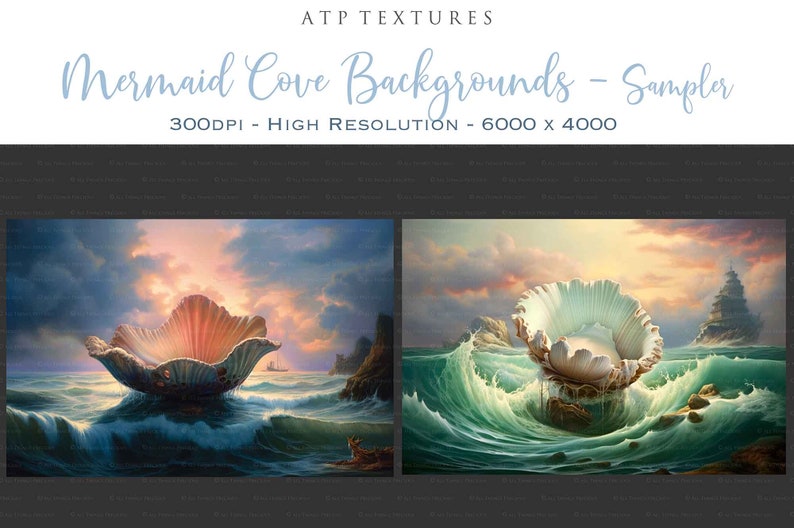 Digital Background for Photographers. Printable, in high resolution, This AI created digital backdrop is resized and edited for you. Gorgeous seaside scene with mermaid shell. In full colour and old masters painting style.