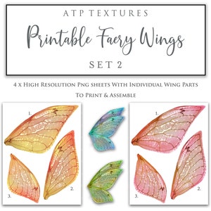 May include: Four printable sheets of fairy wings, each sheet has three individual wing parts. The wings are translucent and have a variety of colors, including pink, green, blue, and yellow. The wings are labeled with numbers 1, 2, and 3.
