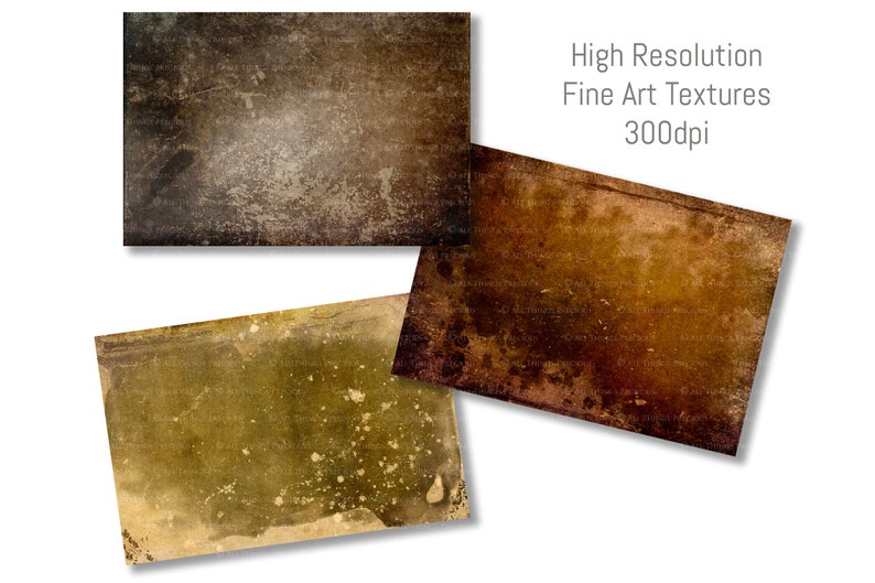 May include: Three textured paper backgrounds in brown, orange, and green tones. High Resolution Fine Art Textures 300dpi.