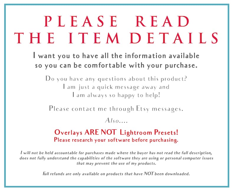 May include: Red text on a blue background reads "PLEASE READ THE ITEM DETAILS". The text continues with information about the product and a reminder to read the full description before purchasing.