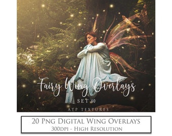 May include: A set of 20 digital fairy wing overlays in PNG format. The overlays are high resolution, 300 DPI, and perfect for adding a magical touch to your photos. The wings are a variety of colors and styles, with a soft, ethereal look.