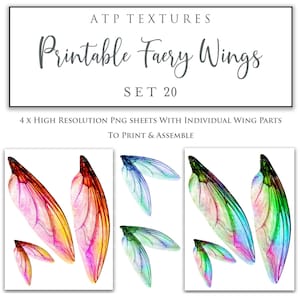 PRINTABLE FAIRY WINGS Set 20 - Modèle de motif d'impression, Clipart Png, Fairy Wing, Digital Scrapbooking Clip Art, Photoshop Overlay, Doll