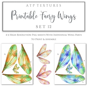 Ensemble de 12 ailes de fée imprimables - cliparts scrapbooking, aile numérique, impression, cosplay, Photoshop Png, poupée d'art fée, déguisement enfant, motif