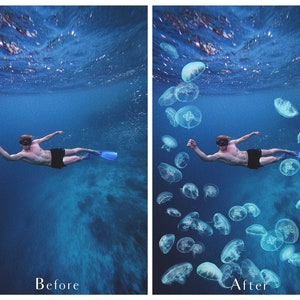 Pu&ograve; includere: Una persona nuota sott'acqua con pinne blu, circondata da meduse luminose. L'immagine &egrave; divisa in due sezioni, mostrando la scena prima e dopo l'aggiunta delle meduse.
