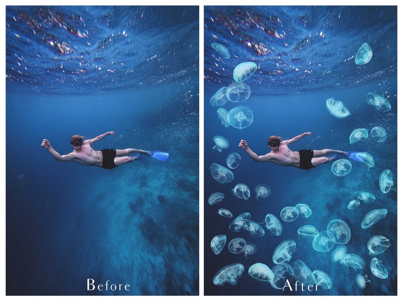 Pu&ograve; includere: Una persona nuota sott'acqua con pinne blu, circondata da meduse luminose. L'immagine &egrave; divisa in due sezioni, mostrando la scena prima e dopo l'aggiunta delle meduse.