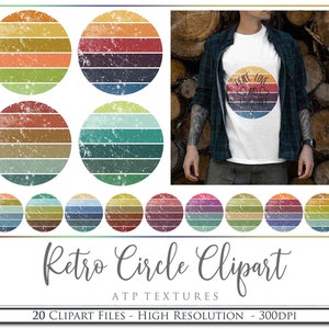 Puede incluir: Conjunto de 20 gráficos de clipart de círculo retro en varias combinaciones de colores. Cada círculo presenta un aspecto desgastado y vintage con un patrón a rayas. Los gráficos son perfectos para agregar un toque retro a tus diseños.