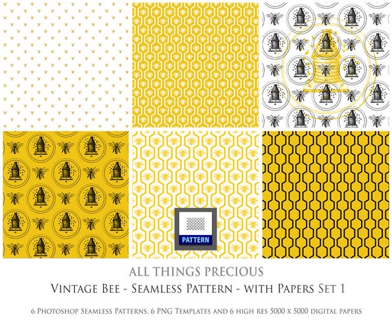Download 6 Seamless Patterns Vintage Bee Set 1 With 6 Digital Papers Photoshop Scrapbooking Card Making Crown Bee Hive Honey By Atptextures Catch My Party