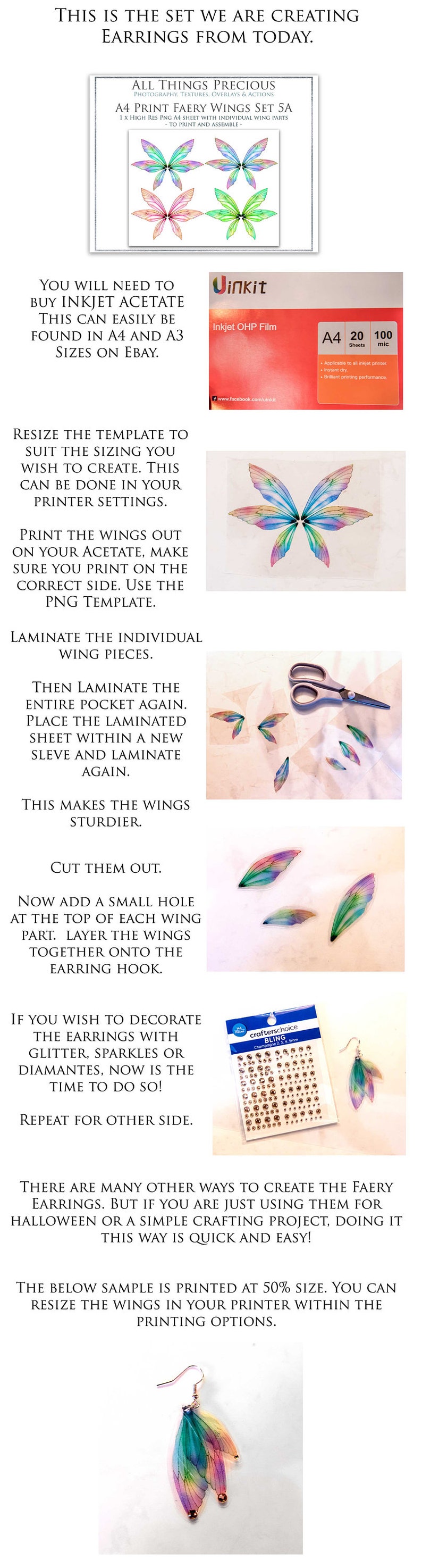 A4 PRINT FAIRY WINGS Set 2B Png Clipart, jewellery Making, Template, Photoshop, Art Doll, Printable, Earrings Craft, Wing Pattern image 5