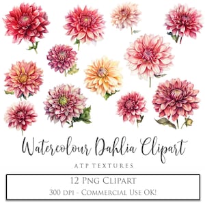 12 PNG CLIPART - Aquarelle Dahlia Flower Art / Digital Scrapbooking, Print, Printable, Sublimation, Card Making, High Resolution, Ai