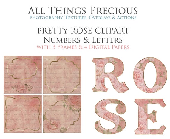 CLIPART Pretty Rose NUMBERS, LETTERS and Digital Scrapbooking Papers / Png, High Res, Photoshop Overlays, Alphabet Clipart, Vintage Letters Il_570xn