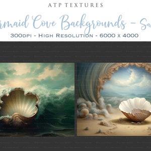 Digital Background for Photographers. Printable, in high resolution, This AI created digital backdrop is resized and edited for you. Gorgeous seaside scene with mermaid shell. In full colour and old masters painting style.