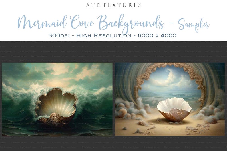 Digital Background for Photographers. Printable, in high resolution, This AI created digital backdrop is resized and edited for you. Gorgeous seaside scene with mermaid shell. In full colour and old masters painting style.