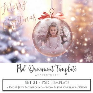 PHOTOSHOP テンプレート、デジタル背景、クリスマスオーナメント Psd ファイル 21、Png を含む、クリスマス写真オーバーレイ、雪のクリップアート、スクラップブッキング、AI