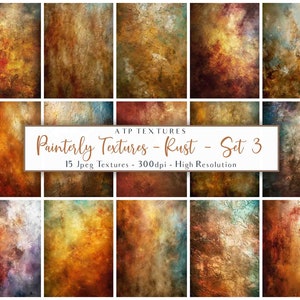 May include: A set of 15 digital textures featuring rusty, painterly backgrounds in warm tones of red, orange, yellow, and brown. The textures are high resolution and perfect for adding a vintage, industrial, or rustic feel to your designs.
