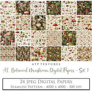 24 Digital Papers - BOTANICAL MUSHROOM Set 1 / Scrapbooking, Card Making, Background, Texture Paper, Vintage Print, Seamless Pattern AI