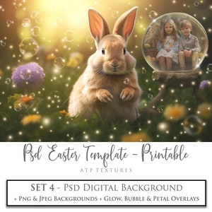 Fondo digital, Plantilla de conejito de Pascua 4, Photoshop de archivo Psd, Superposiciones de fotografía Png, Tarjeta de conejo imprimible, Globo de nieve transparente, AI