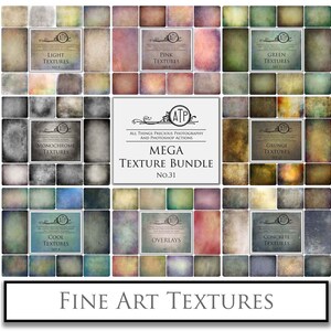 Könnte beinhalten: Eine Sammlung digitaler Fine-Art-Texturen in verschiedenen Farben, darunter hell, rosa, grün, monochrom, Grunge, kühl, Overlays und Beton. Das Bild zeigt ein Raster aus strukturierten Quadraten mit Textbeschriftungen sowie die Wörter "MEGA TEXTURE BUNDLE" und "FINE ART TEXTURES".