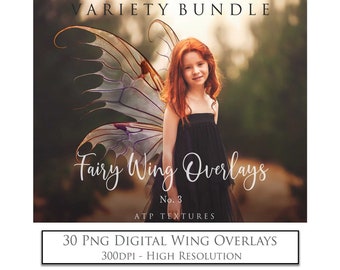 May include: A young girl with red hair wearing a black dress and fairy wings. The image is a digital overlay for photos. The text reads "Fairy Wing Overlays No. 3 ATP Textures 30 PNG Digital Wing Overlays 300DPI - High Resolution".