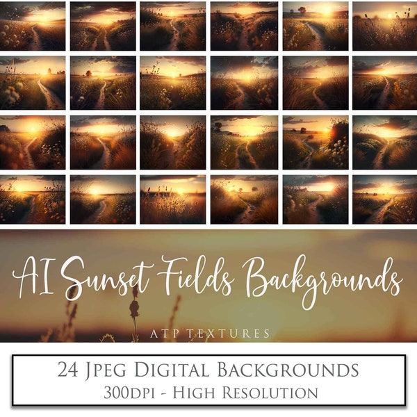 24 Digital Backgrounds - SUNSET FIELDS - Photo Backdrop, Sunlight, Photography Edits, Photoshop Overlays, Ai Art