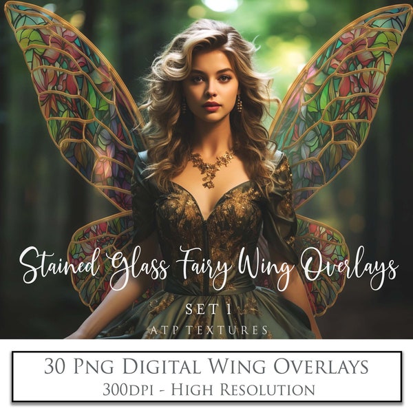 Digital OVERLAYS - 30 Png FAIRY WINGS Stained Glass - Set 1 / Clipart, High Resolution, Photography Overlay, Photoshop Editing, Fantasy Art