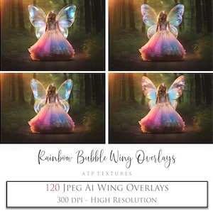 Photo Overlays, 120 Rainbow BUBBLE FAIRY WINGS, High Resolution, Photography Overlay, Photoshop Editing, Fantasy Ai Art, Jpeg Overlays