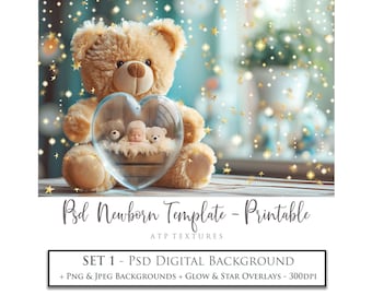 Digital Background For Newborn Cards Psd Template No.2, Photography Edit, Transparent Glass Png & Jpeg, Gift Card for Wedding, Valentine, AI
