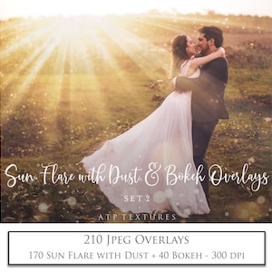 May include: A couple in a field with a sun flare overlay. The bride is wearing a white dress and the groom is wearing a black suit. The image is part of a set of 210 JPEG overlays, including 170 sun flare with dust and 40 bokeh overlays. The overlays are 300 DPI.