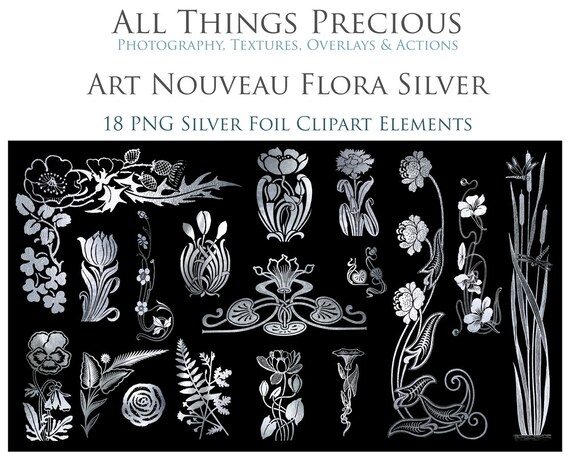 18 art nouveau png silver flora elements printable paper high res digital scrapbooking party card making photoshop clipart silver by atptextures catch my party 18 art nouveau png silver flora