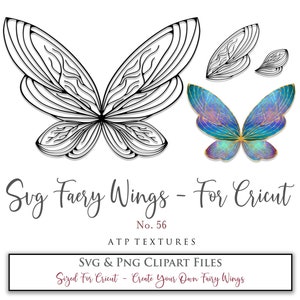 May include: A set of two digital clipart files for Cricut featuring fairy wings. The wings are outlined in black and have a detailed, textured design. One set of wings is colored in shades of blue, purple, and gold.