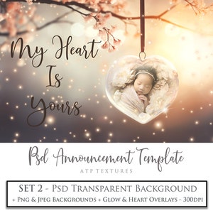 MODÈLE PHOTOSHOP, Arrière-plan de faire-part, PSD n° 2, Retouche photographique, Png et Jpeg en verre transparent, Mariage, Amour, Nouveau-né, Saint-Valentin, IA