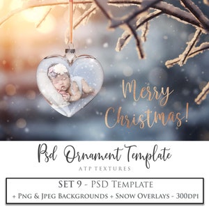 PHOTOSHOP TEMPLATE, Digital Background, Christmas Ornament Psd File, No. 9, Png included, Xmas Photo Overlay, Snow Clipart, Scrapbooking, AI