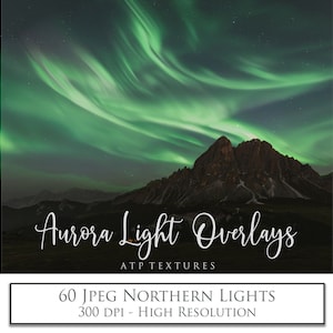 May include: 60 high-resolution JPEG images of the Northern Lights, also known as the Aurora Borealis, over a mountain range. The images are 300 DPI and perfect for adding a touch of magic to your designs.