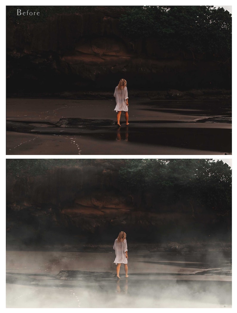 May include: A woman in a white dress walks on a beach with a dark, rocky cliff in the background. The beach is covered in a thick fog.