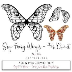May include: A set of four black and white butterfly wing SVG and PNG clipart files for Cricut. The wings are designed to be used for creating fairy wings. The text "Svg Faery Wings - For Cricut" is included in the image.