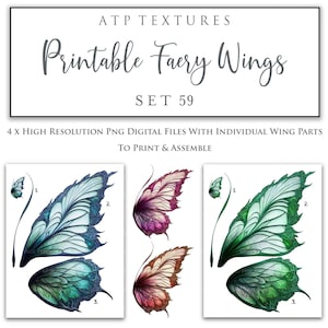 May include: Four printable fairy wings with individual wing parts. The wings are in shades of blue, green, pink, and brown. The image includes the text "ATP TEXTURES Printable Faery Wings SET 59".
