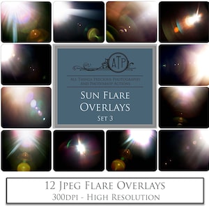 12 Digital OVERLAYS For PHOTOGRAPHERS - Sun Flare Overlay Set 3 - Lens Flares, Photoshop, Sunshine, Photography, Sunlight, High Res