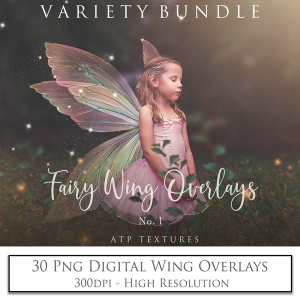 Png OVERLAYS, Variety Pack. 30 FAIRY WINGS No. 1  Clipart Wing, High Res, Digital Download, Photo Editing, Photoshop Overlay, Fairies