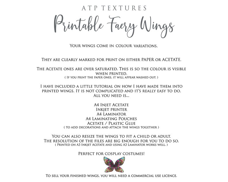 Printable Fairy Wings. For Art Dolls, Adults, Children. High resolution, png files. This is a digital product. Print and cut. Paper craft. Create fairy wing earrings or crown jewelry from these designs. Commercial licence is available.