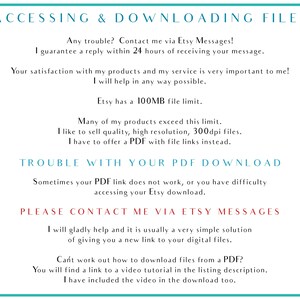 Op de afbeelding: Tekst op een witte achtergrond met een turquoise rand. De tekst legt uit hoe je toegang krijgt tot en bestanden downloadt van Etsy. Het vermeldt dat Etsy een bestandslimiet van 100 MB heeft en dat sommige bestanden in plaats daarvan als PDF's met bestandslinks worden aangeboden. Het geeft ook instructies over hoe je contact opneemt met de verkoper via Etsy-berichten als je problemen hebt met het downloaden van bestanden.