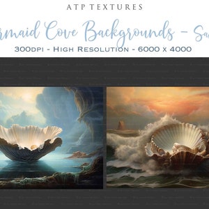 Digital Background for Photographers. Printable, in high resolution, This AI created digital backdrop is resized and edited for you. Gorgeous seaside scene with mermaid shell. In full colour and old masters painting style.