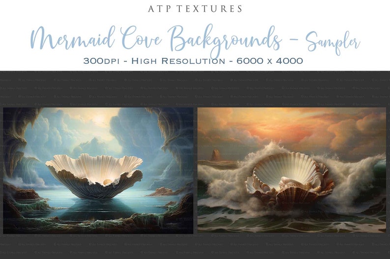 Digital Background for Photographers. Printable, in high resolution, This AI created digital backdrop is resized and edited for you. Gorgeous seaside scene with mermaid shell. In full colour and old masters painting style.