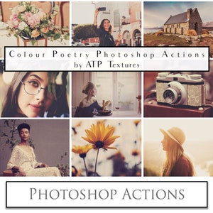 Peut inclure: Un collage d'images illustrant l'utilisation d'actions Photoshop pour créer une esthétique vintage. Les images comprennent une femme prenant un selfie, une église, une femme portant des lunettes, une femme en robe blanche, un tournesol et une femme portant un chapeau.