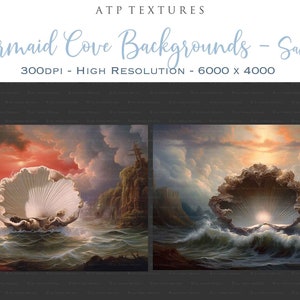 Digital Background for Photographers. Printable, in high resolution, This AI created digital backdrop is resized and edited for you. Gorgeous seaside scene with mermaid shell. In full colour and old masters painting style.